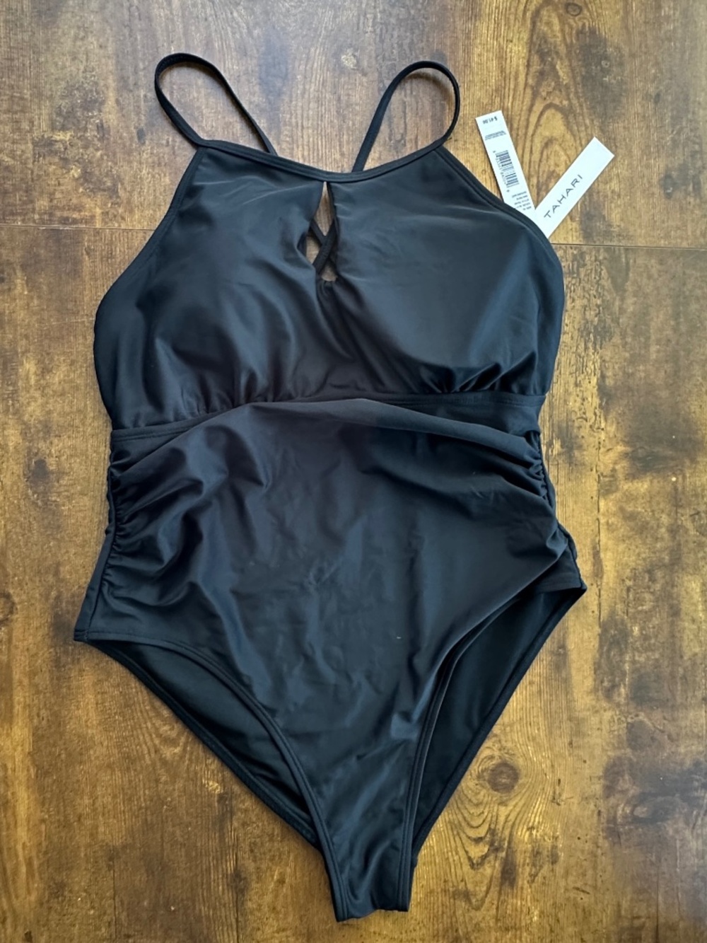 Tahari NWT High Neck Keyhole Ruched One-Piece Swimsuit Solid Black Size XL